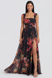 Black A Line Square Neck Chiffon Floral Dress with Slit