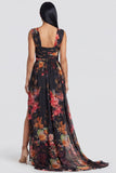 Black A Line Square Neck Chiffon Floral Dress with Slit