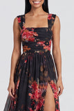 Black A Line Square Neck Chiffon Floral Dress with Slit
