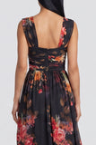 Black A Line Square Neck Chiffon Floral Dress with Slit