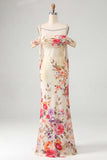 Ivory Cold Shoulder Mermaid Floral Formal Dress with Sash