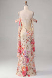 Ivory Cold Shoulder Mermaid Floral Formal Dress with Sash