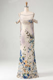 Ivory Cold Shoulder Mermaid Floral Formal Dress with Sash