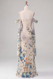 Ivory Cold Shoulder Mermaid Floral Formal Dress with Sash