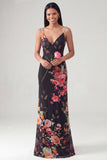 Black Floral V Neck Spaghetti Straps Mermaid Long Formal Dress