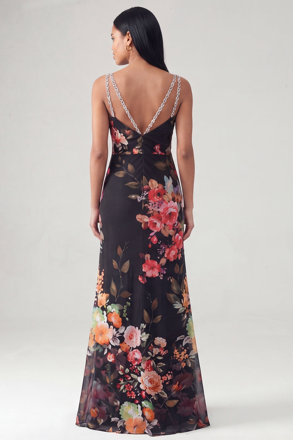 Zapaka Women Black Long Formal Dress Floral Dress V Neck Spaghetti Straps Mermaid Wedding Guest Dress, Black / US16W