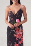 Black Floral V Neck Spaghetti Straps Mermaid Long Formal Dress