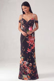 Black Cold Shoulder Floral Mermaid Ruched Formal Dress