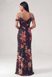 Black Cold Shoulder Floral Mermaid Ruched Formal Dress