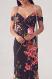 Black Cold Shoulder Floral Mermaid Ruched Formal Dress