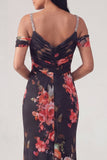 Black Cold Shoulder Floral Mermaid Ruched Formal Dress