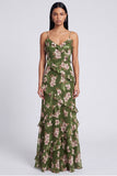 Dark Green Ruffled Mermaid Spaghetti Straps Floral Dress