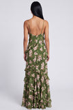 Dark Green Ruffled Mermaid Spaghetti Straps Floral Dress