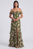 Off the Shoulder Dark Green Tiered Ruffle Floral Dress with Slit