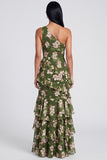One Shoulder Dark Green Mermaid Tiered Ruffle Floral Dress with Slit