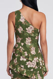 One Shoulder Dark Green Mermaid Tiered Ruffle Floral Dress with Slit