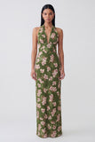 Dark Green Halter Backless Sheath Long Floral Dress