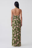 Dark Green Halter Backless Sheath Long Floral Dress