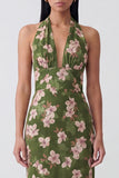 Dark Green Halter Backless Sheath Long Floral Dress