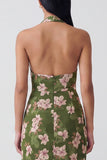 Dark Green Halter Backless Sheath Long Floral Dress