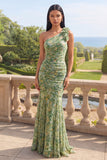 Dusty Green One Shoulder Mermaid Ruched Formal Dress with 3D Flowers
