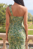 Dusty Green One Shoulder Mermaid Ruched Formal Dress with 3D Flowers