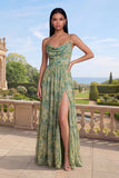 Dusty Green A Line Spaghetti Straps Floral Dress with Slit