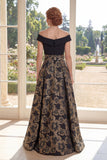 Black A Line Off the Shoulder Jacquard Long Mother Of the Bride Dress with Bow