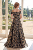A Line Black Off the Shoulder Jacquard Floral Long Mother Of the Bride Dress