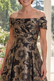 A Line Black Off the Shoulder Jacquard Floral Long Mother Of the Bride Dress