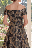 A Line Black Off the Shoulder Jacquard Floral Long Mother Of the Bride Dress