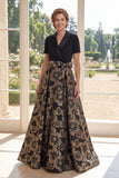 A Line Black V-Neck Jacquard Long Mother Of the Bride Dress with Bow
