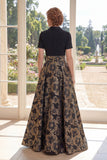 A Line Black V-Neck Jacquard Long Mother Of the Bride Dress with Bow