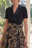 A Line Black V-Neck Jacquard Long Mother Of the Bride Dress with Bow