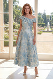 A Line Jacquard Blue One Shoulder Midi Mother Of the Bride Dress