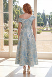 A Line Jacquard Blue One Shoulder Midi Mother Of the Bride Dress