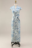 Jacquard Blue High Neck Sheath Long Mother Of the Bride Dress with Slit