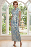 Jacquard Blue High Neck Sheath Long Mother Of the Bride Dress with Slit