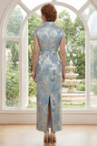 Jacquard Blue High Neck Sheath Long Mother Of the Bride Dress with Slit