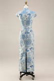 Jacquard Blue High Neck Sheath Long Mother Of the Bride Dress with Slit