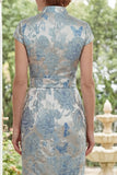 Jacquard Blue High Neck Sheath Long Mother Of the Bride Dress with Slit