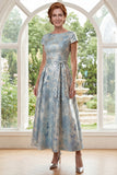 A-Line Jacquard Blue Bateau Neck Long Mother Of the Bride Dress with Bow