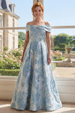 Off the Shoulder A-Line Jacquard Blue Long Mother Of the Bride Dress