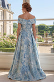 Off the Shoulder A-Line Jacquard Blue Long Mother Of the Bride Dress