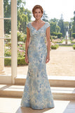 Blue Mermaid V-Neck Jacquard Ruched Long Mother Of the Bride Dress