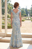 Blue Mermaid V-Neck Jacquard Ruched Long Mother Of the Bride Dress
