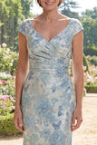 Blue Mermaid V-Neck Jacquard Ruched Long Mother Of the Bride Dress