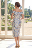 Dusty Blue Off the Shoulder Bodycon Jacquard Midi Mother Of the Bride Dress
