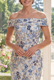 Dusty Blue Off the Shoulder Bodycon Jacquard Midi Mother Of the Bride Dress