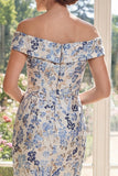 Dusty Blue Off the Shoulder Bodycon Jacquard Midi Mother Of the Bride Dress